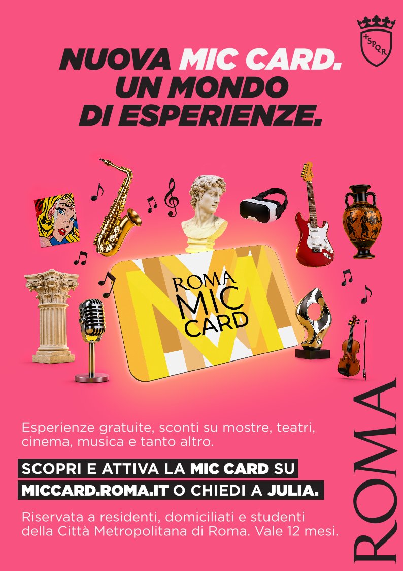 Manifesto della MIC Card: nuova MIC Card, un mondo di esperienze. Esperienze gratuite, sconti su mostre, teatri, cinema, musica e tanto altro.